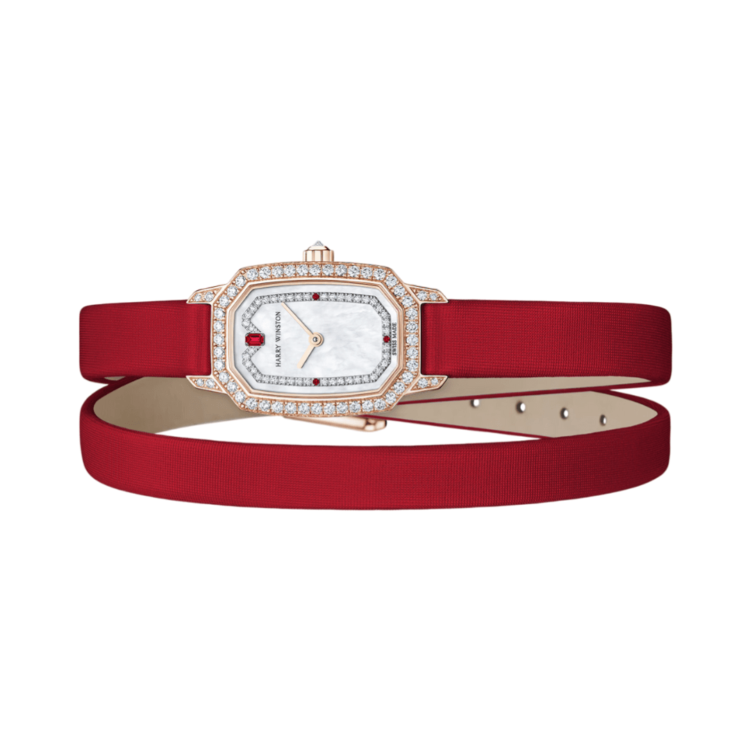 Harry Winston Emerald EMEQHM18RR009 Satin Bracelet 24mm MOP Dial Womens Watch