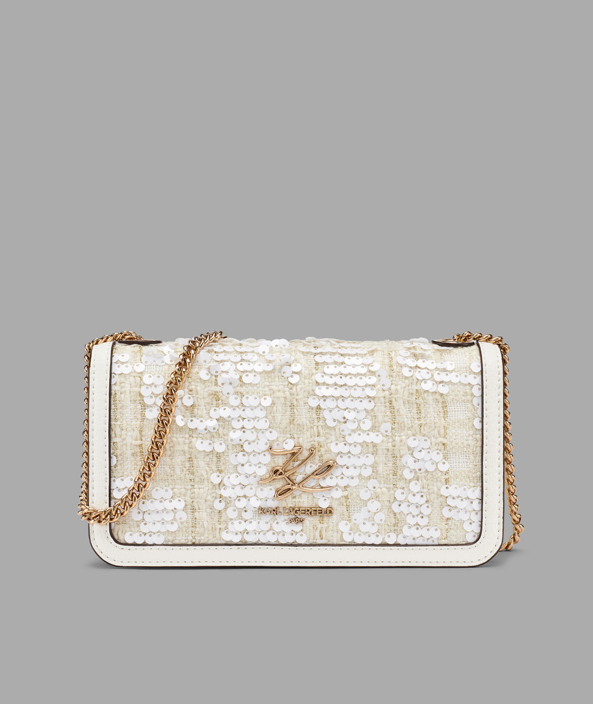 KarlLagerfeld Kosette sequin tweed shoulder bag winter white