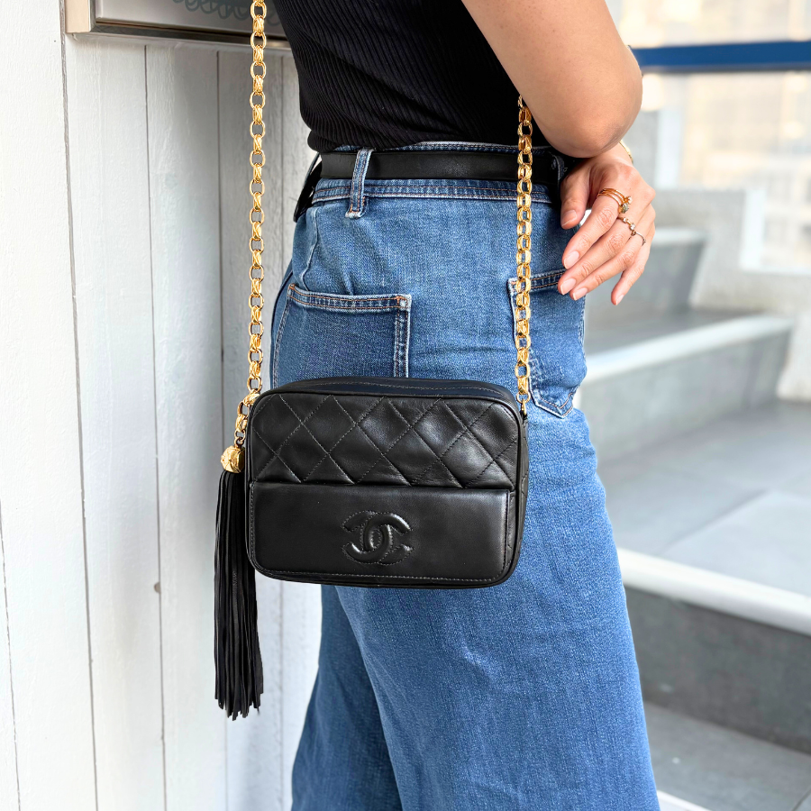 RG015 - CHANEL Vintage Black Lambskin Tassels Gold Chain Camera Bag