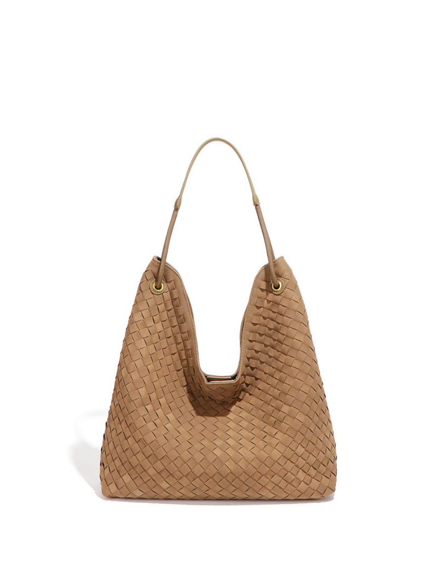 Sia- Ladies Woven Tote Bag , Faux Leather | Caramel