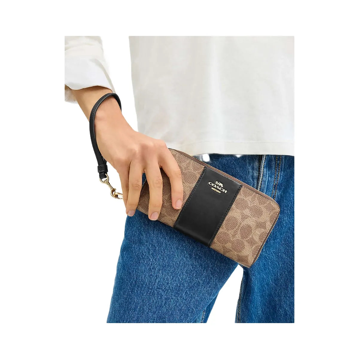 Coach Long Zip Around Wallet In Signature Canvas With Stripe Signature Canvas-Gold-Tan-Black