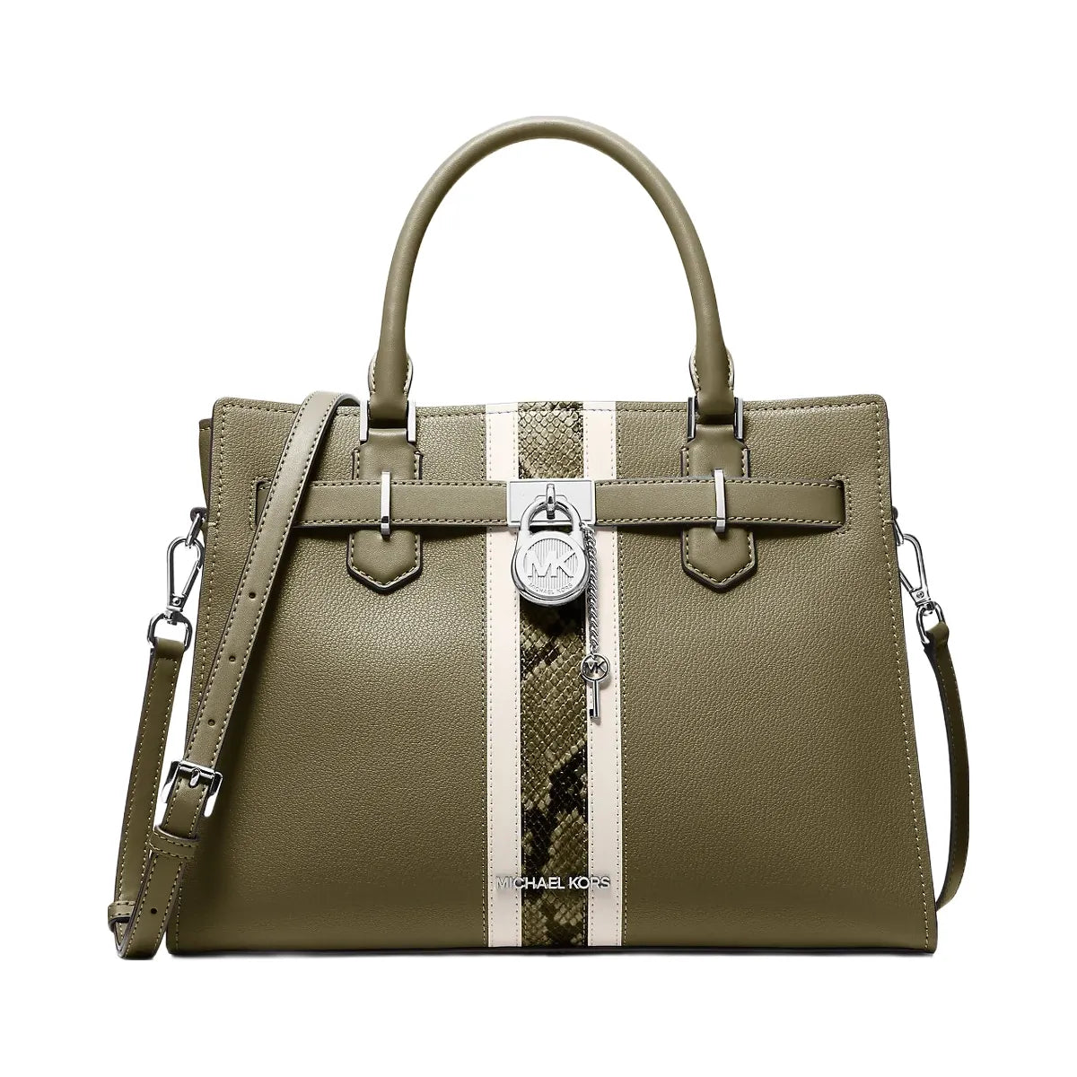 Michael Kors Hamilton Medium Leather and Snake Embossed Stripe Satchel Olive