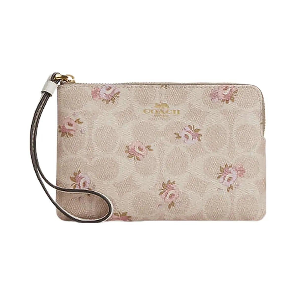 Coach Corner Zip Wristlet In Signature Canvas With Floral Print Gold-Sand Multi