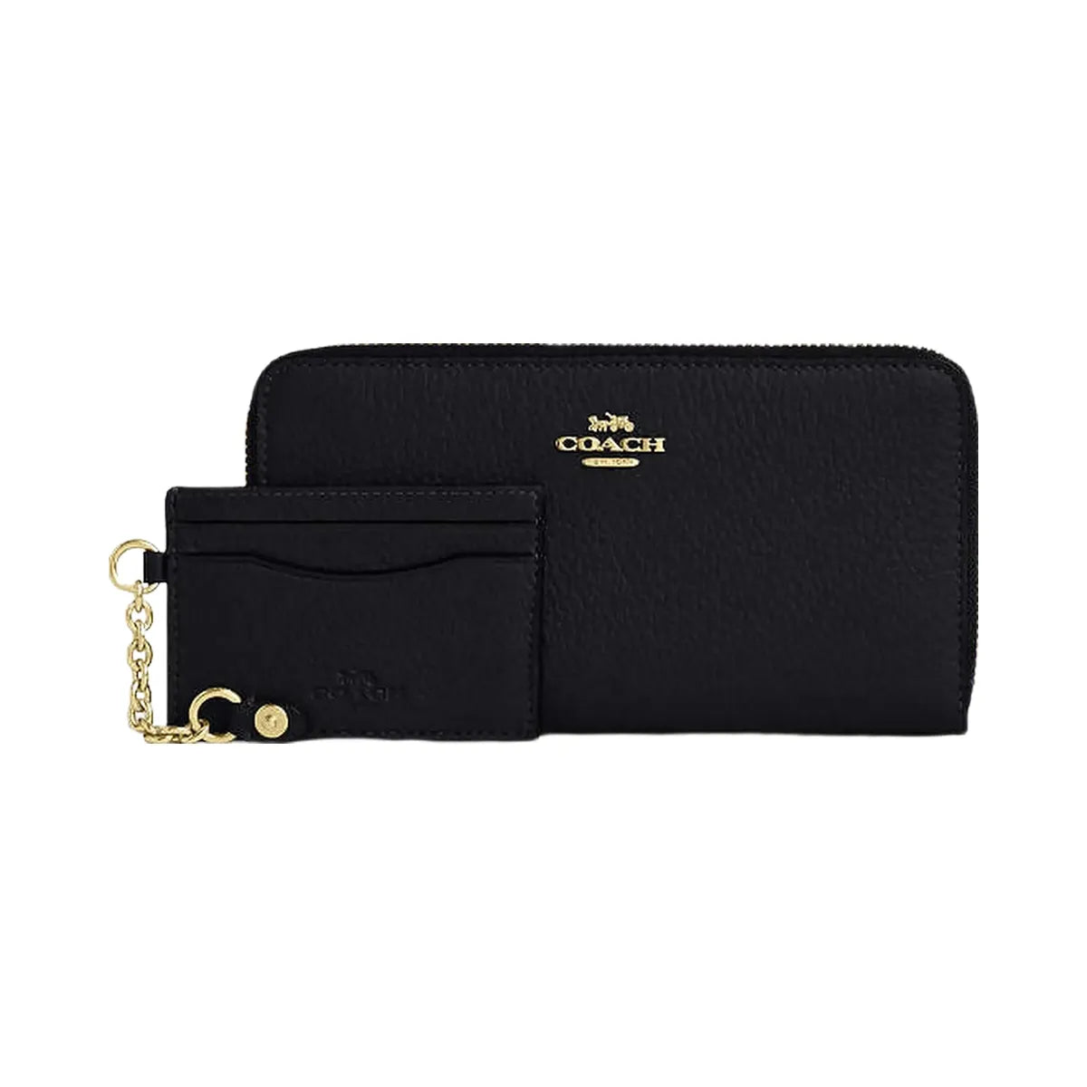 Coach Long Zip Around Wallet With Detachable Card Case Pebbled Leather-Gold-Black