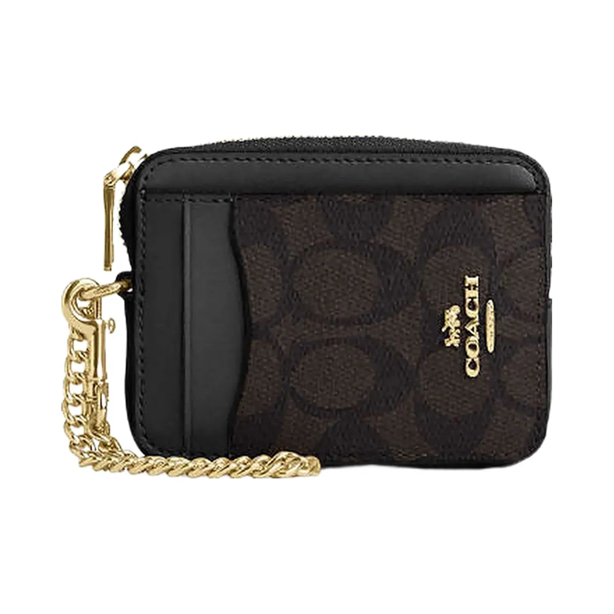 Coach Zip Card Case In Signature Canvas Signature Canvas-Gold-Walnut-Black