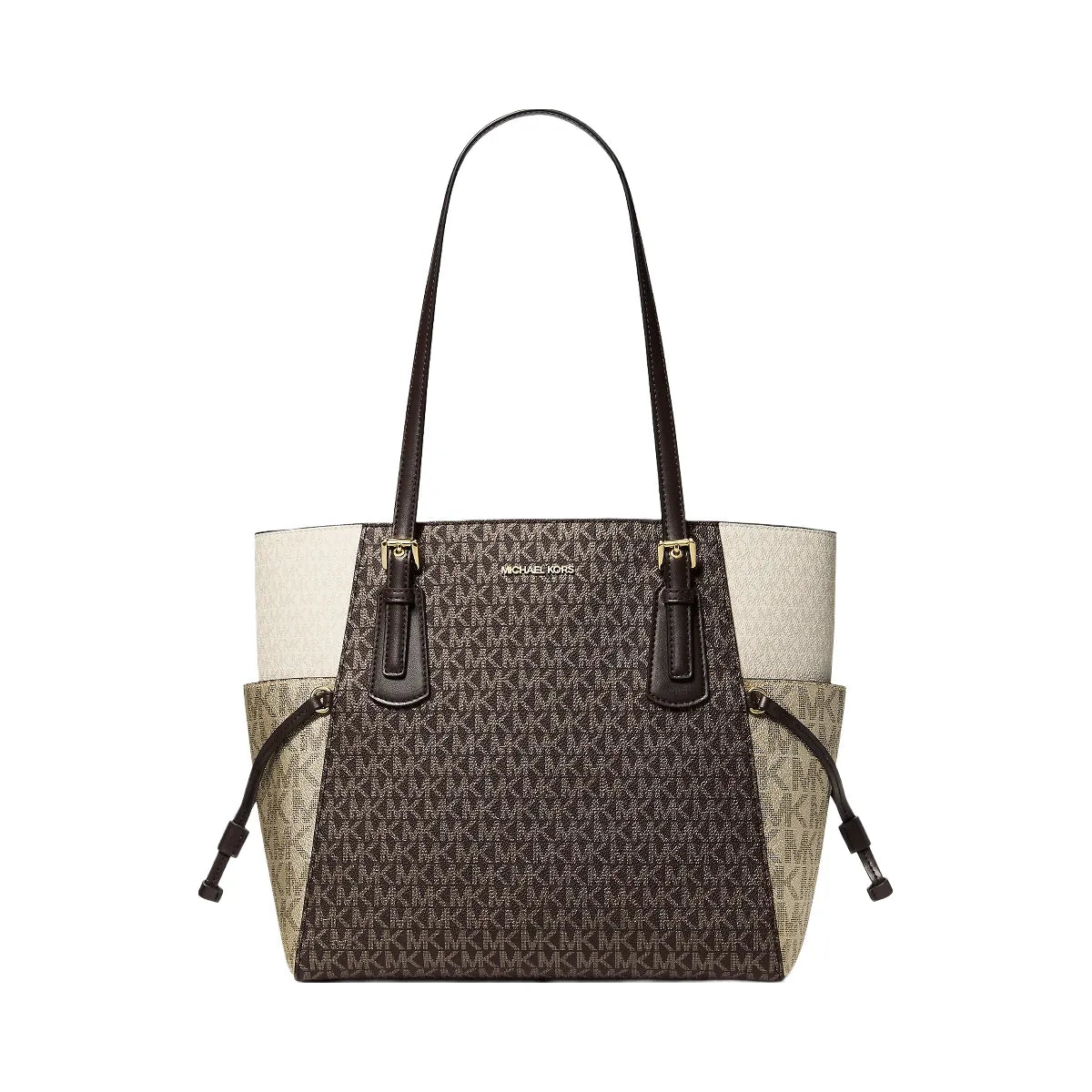 Michael Kors Voyager Large Color-Block Metallic Signature Logo Tote Bag Brown