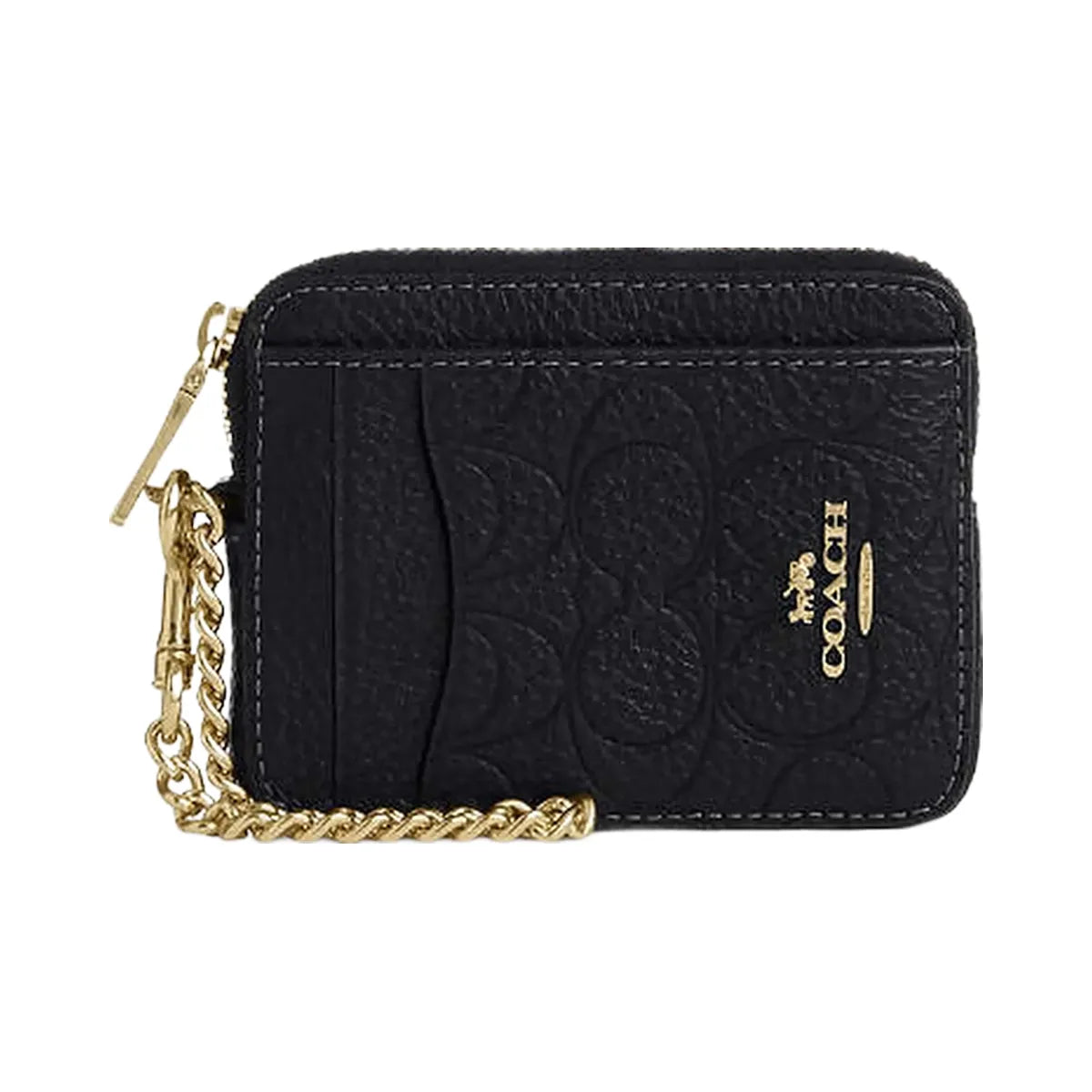 Coach Zip Card Case In Signature Leather Pebbled Leather-Gold-Black
