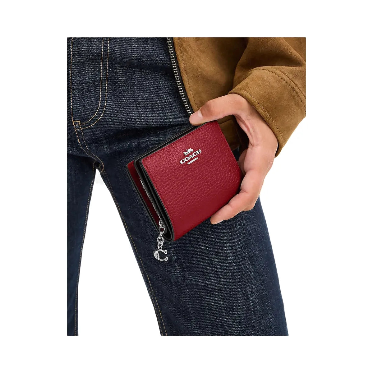 Coach Snap Wallet Pebbled Leather-Silver-Dark Cardinal