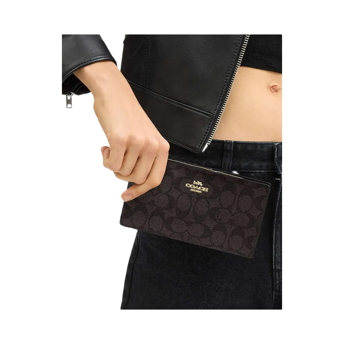 Coach Slim Zip Wallet In Signature Canvas Signature Canvas-Gold-Walnut-Black