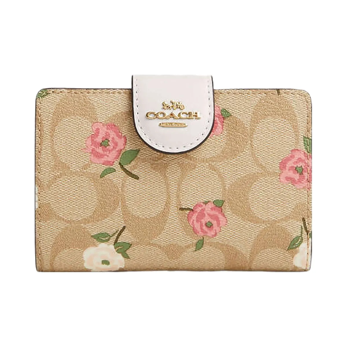 Coach Medium Corner Zip Wallet In Signature Canvas With Floral Print Signature Canvas-Gold-Light Khaki Chalk Multi
