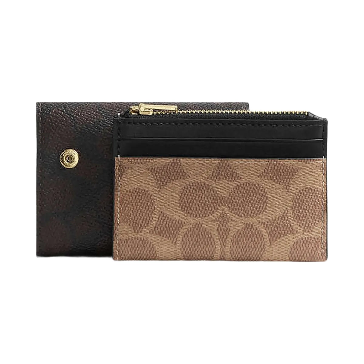Coach Card Holder Wallet In Blocked Signature Canvas Signature Canvas-Gold-Walnut-Tan