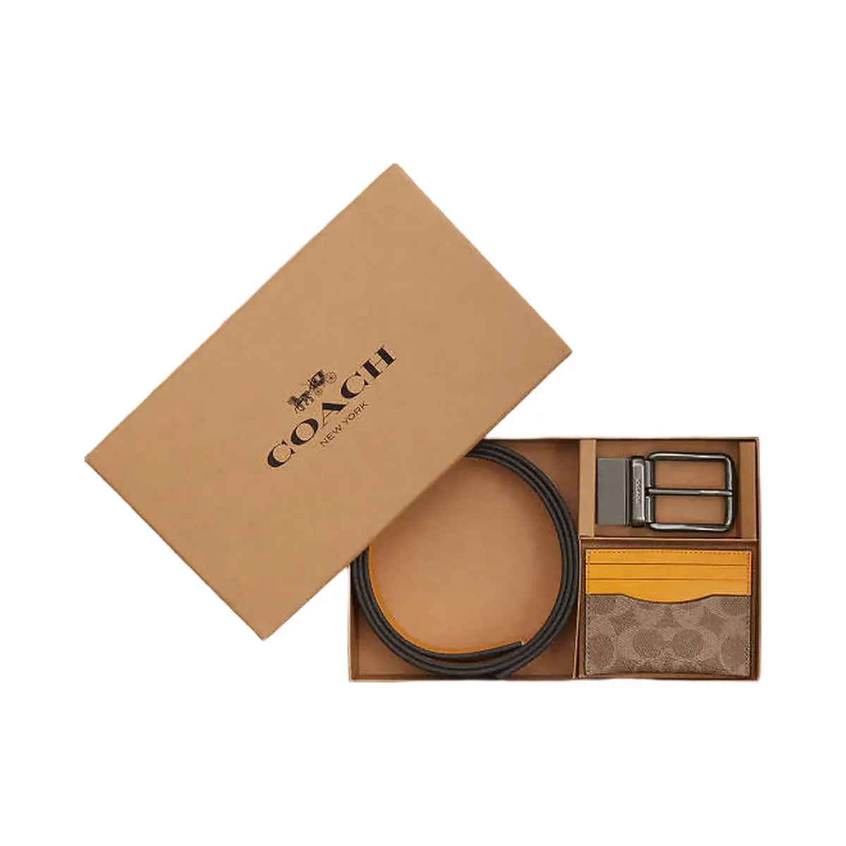 Coach Boxed Card Case And Belt Set In Signature Canvas Signature Canvas-Qb-Tan-Buttercup