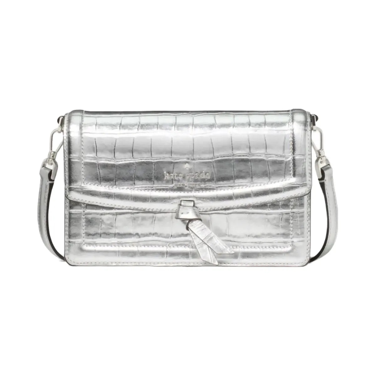 Kate Spade Knott Croc Embossed Mini Flap Crossbody Silver