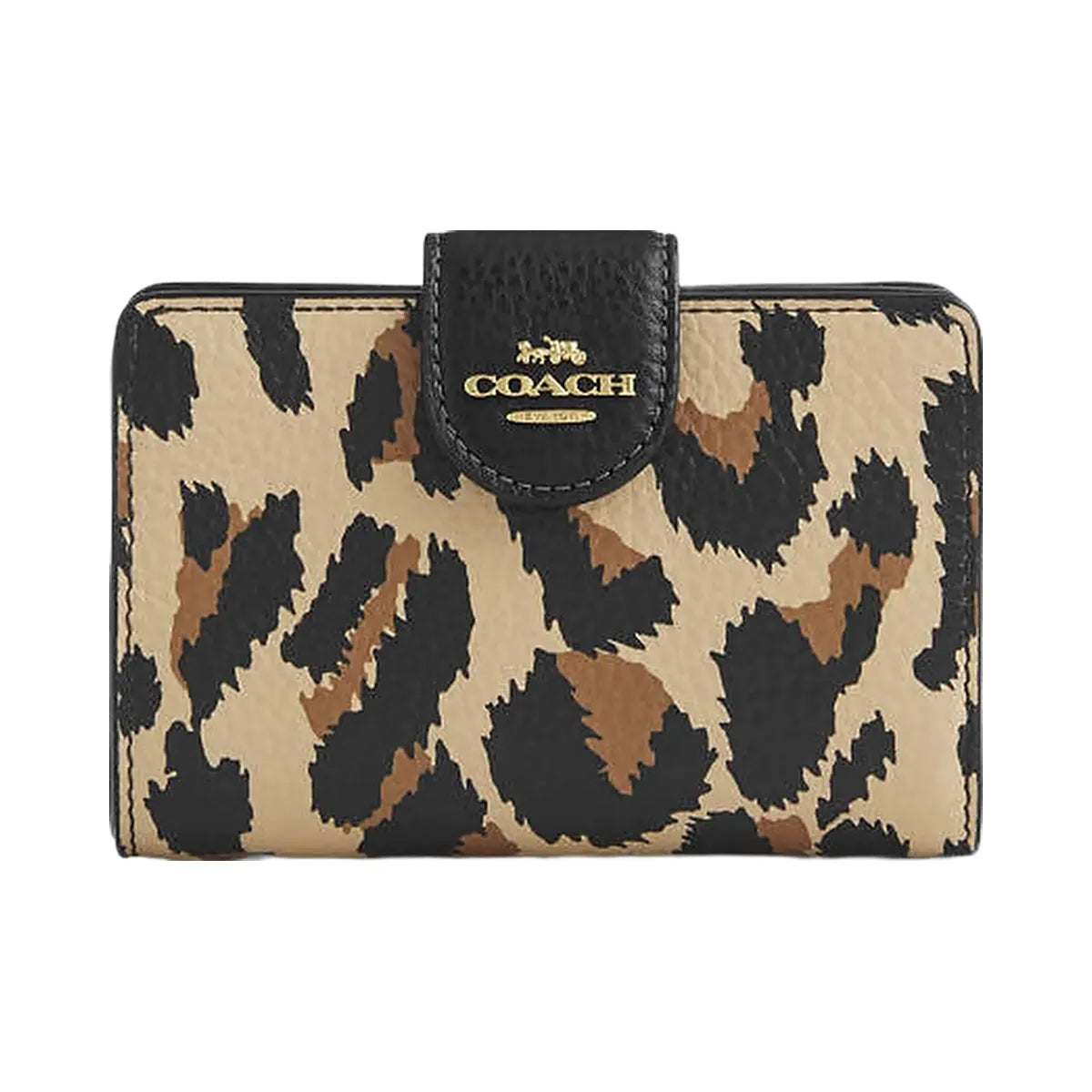 Coach Medium Corner Zip Wallet With Leopard Print Pebbled Leather Gold Leopard Multi
