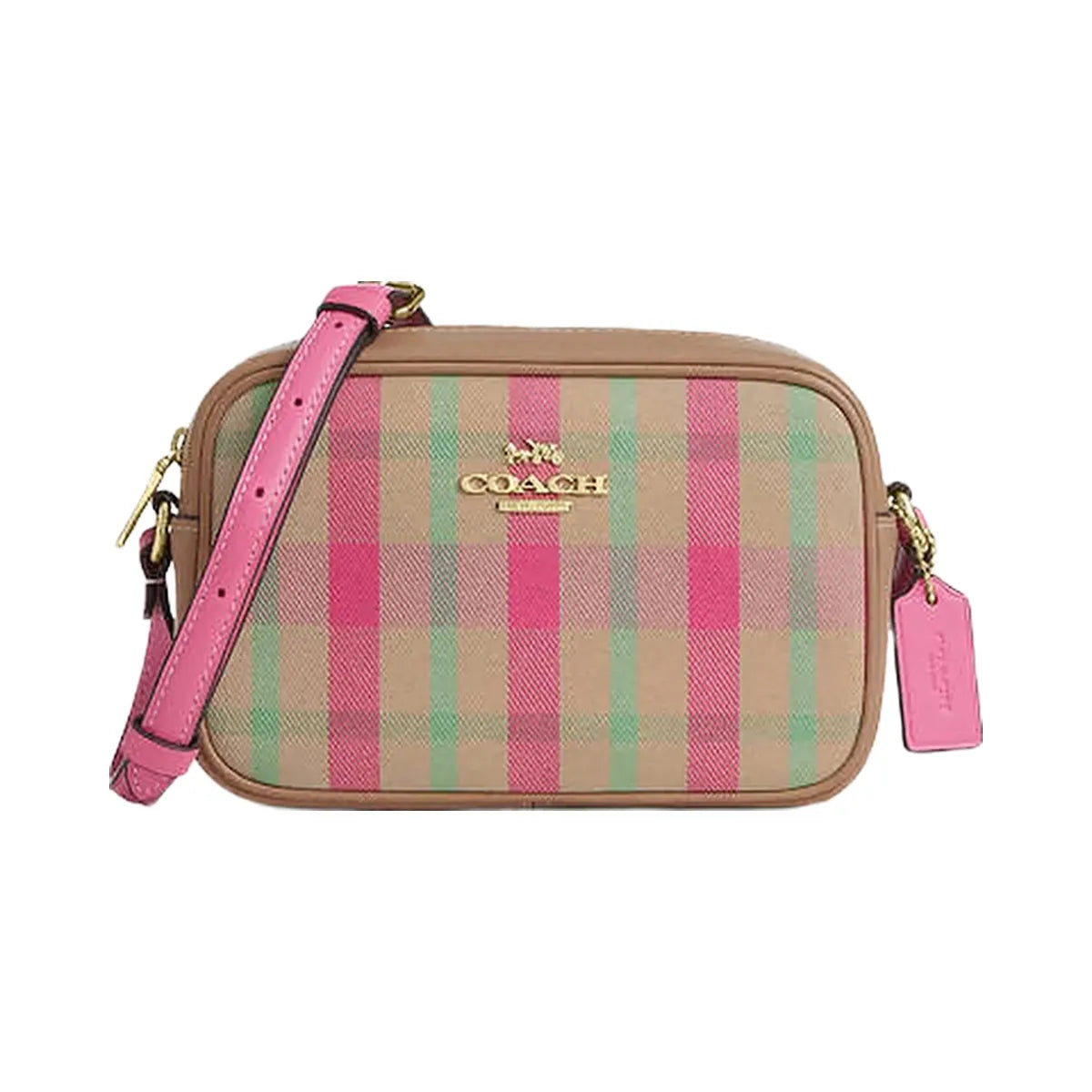 Coach Mini Jamie Camera Bag With Plaid Print Gold-Pink Multi