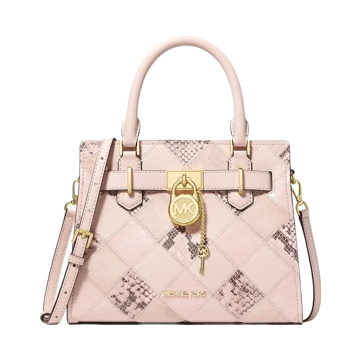Michael Kors Hamilton Small Patchwork and Snake Embossed Satchel Powder Blush