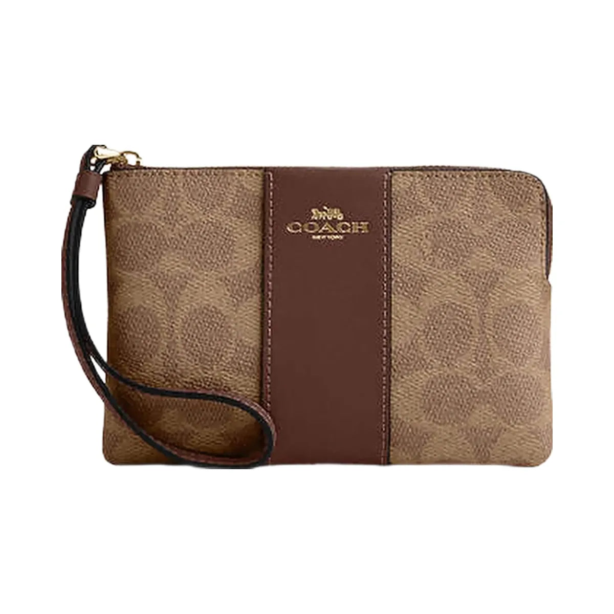 Coach Corner Zip Wristlet In Signature Canvas With Stripe Signature Canvas-Gold-Tan-Brown