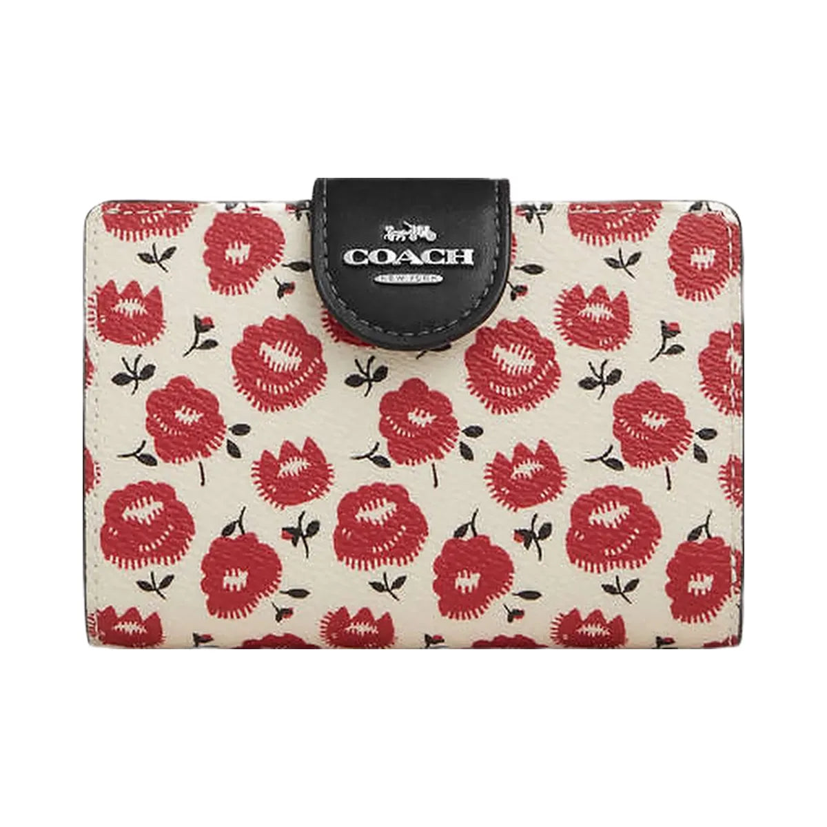 Coach Medium Corner Zip Wallet With Floral Print Silver-Chalk-Black Multi