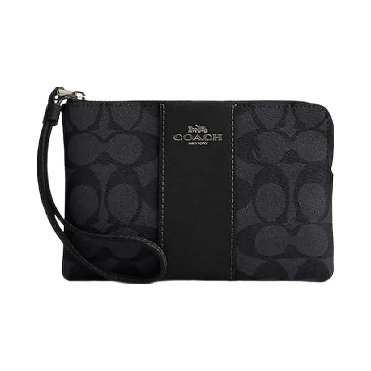 Coach Corner Zip Wristlet In Signature Canvas With Stripe Signature Canvas-Gunmetal-Charcoal-Black