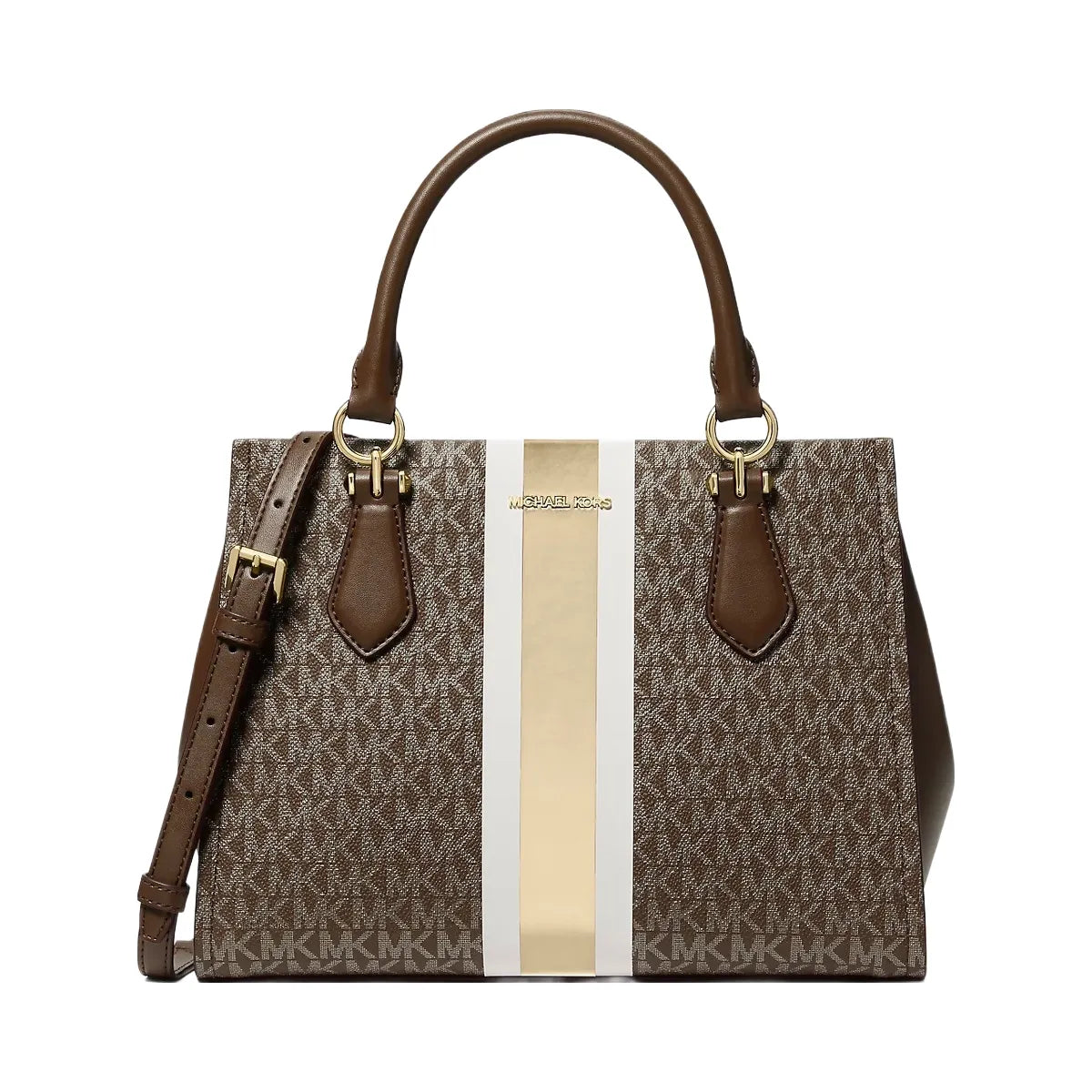 Michael Kors Marilyn Medium Signature Logo Stripe Satchel Brown