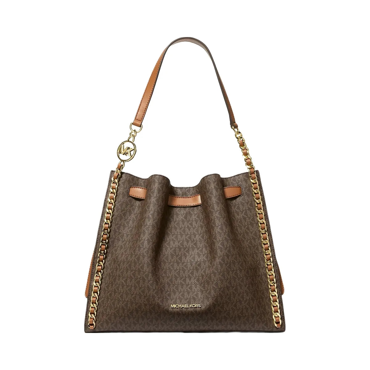 Michael Kors Mina Large Signature Logo Chain Shoulder Bag Brown