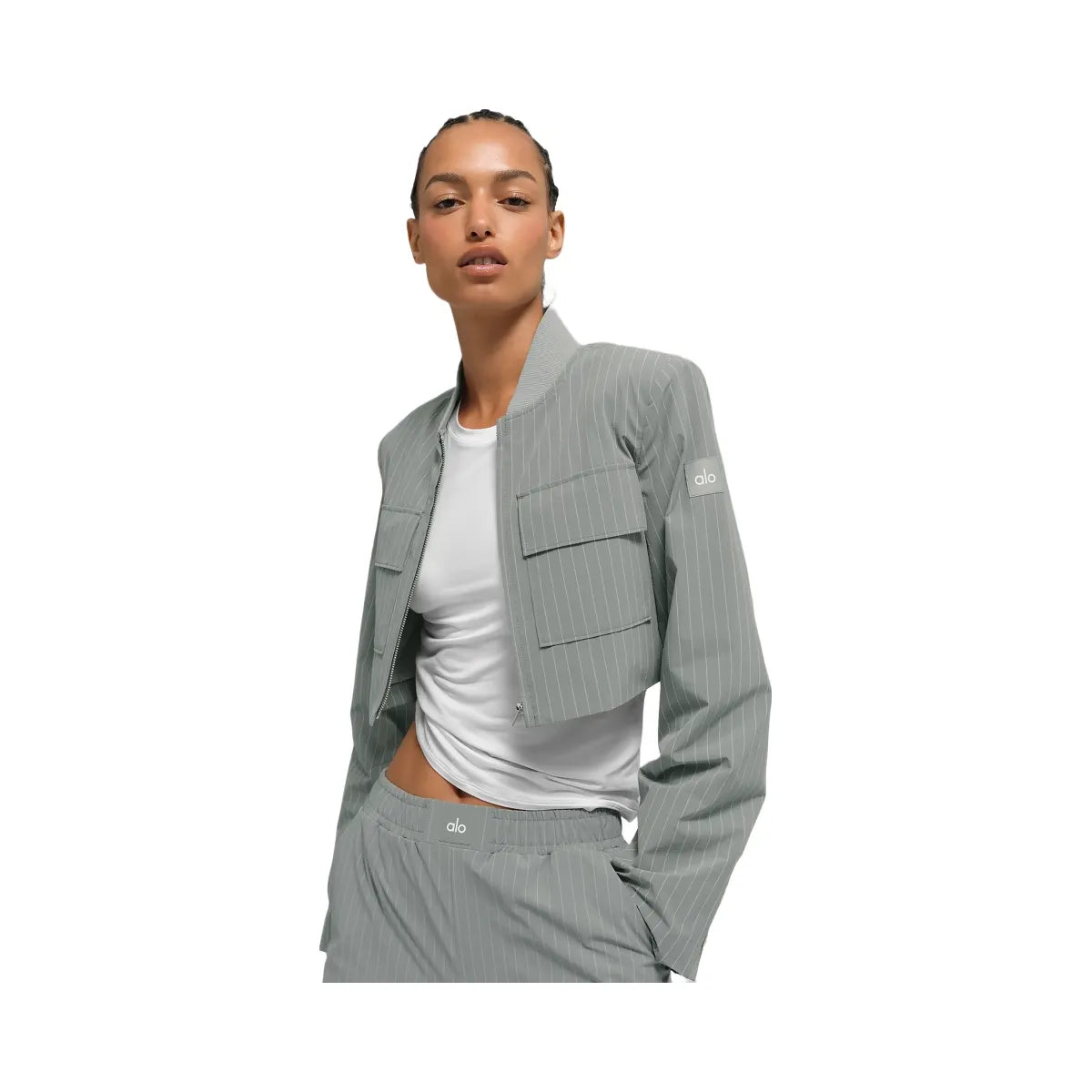 Alo Women's Cropped Pinstripe Main Character Full Zip Jacket - Lunar Grey/White