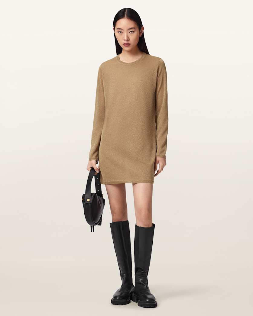 AllSaints Tillii Metallic Long Sleeve Mini Dress Women's Gold Women's