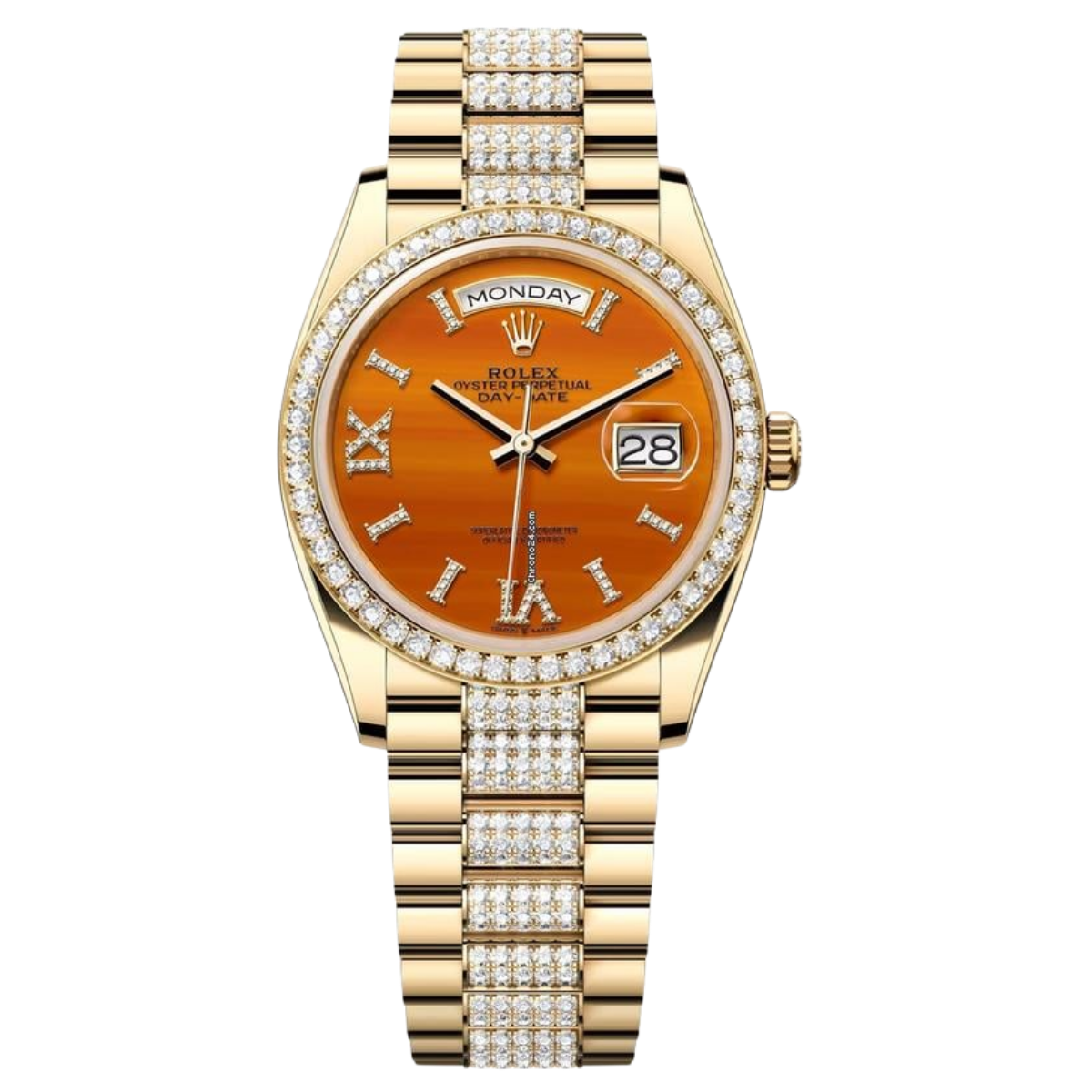 Rolex Day-Date Yellow Gold Carnelian Diamond-Set Roman Dial Womens Watch NEW UNWORN Rare 128348 RBR-0050
