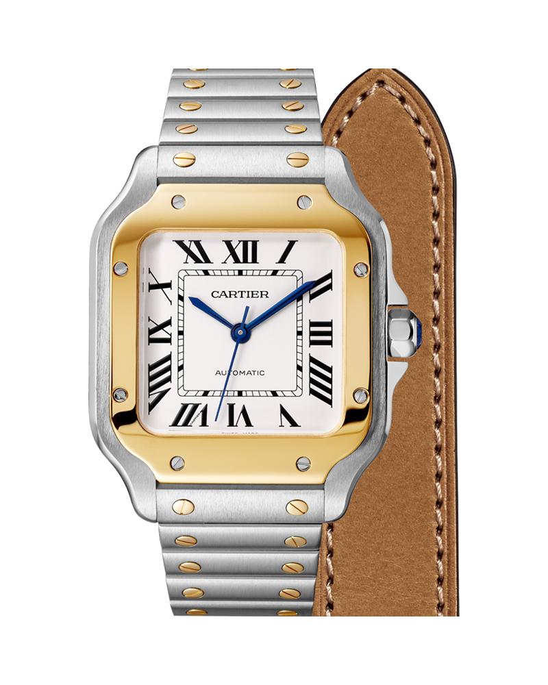 CARTIER SANTOS DE CARTIER, MEDIUM, AUTOMATIC, YELLOW GOLD AND STEEL, INTERCHANGEABLE METAL AND LEATHER BRACELETS