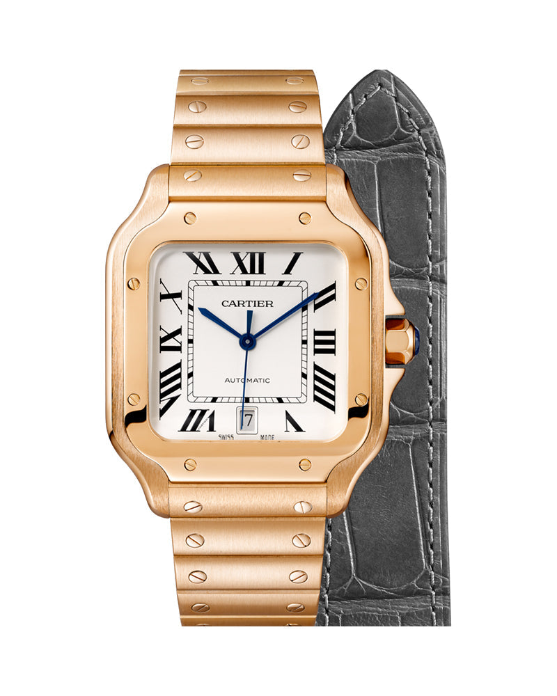 CARTIER SANTOS DE CARTIER, LARGE, AUTOMATIC, ROSE GOLD, INTERCHANGEABLE METAL AND LEATHER BRACELETS