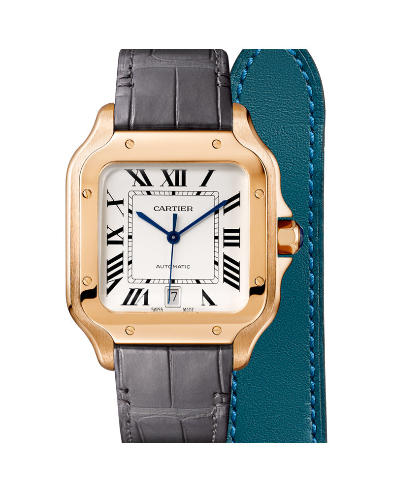CARTIER SANTOS DE CARTIER, LARGE, AUTOMATIC, ROSE GOLD, TWO INTERCHANGEABLE LEATHER BRACELETS