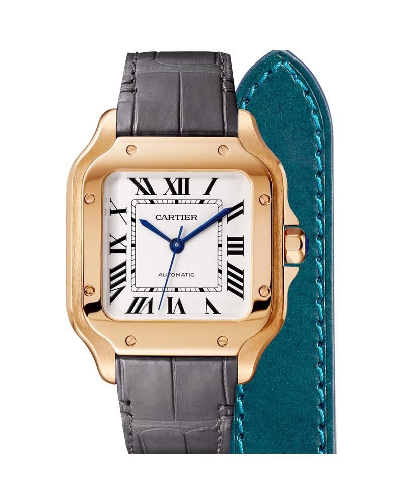 CARTIER SANTOS DE CARTIER, MEDIUM, AUTOMATIC, ROSE GOLD, TWO INTERCHANGEABLE LEATHER BRACELETS