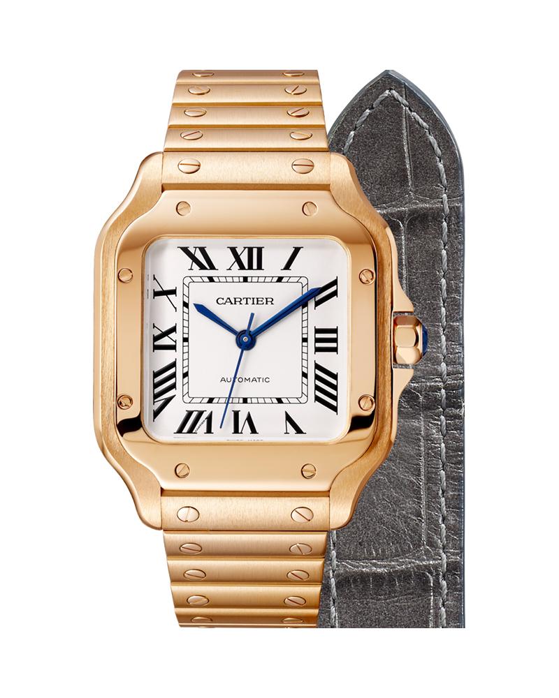 CARTIER SANTOS DE CARTIER, MEDIUM, AUTOMATIC, ROSE GOLD, INTERCHANGEABLE METAL AND LEATHER BRACELETS