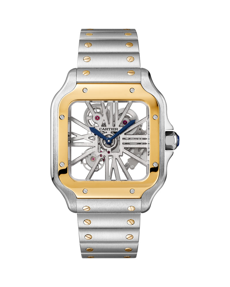 CARTIER SANTOS DE CARTIER, SKELETON, LARGE, MANUAL, YELLOW GOLD AND STEEL, LEATHER, INTERCHANGEABLE METAL AND LEATHER BRACELETS