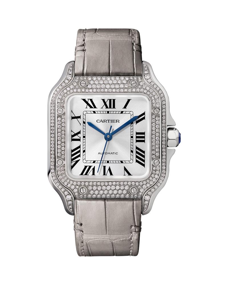 CARTIER SANTOS DE CARTIER, MEDIUM, AUTOMATIC, WHITE GOLD, DIAMONDS, TWO INTERCHANGEABLE LEATHER BRACELETS