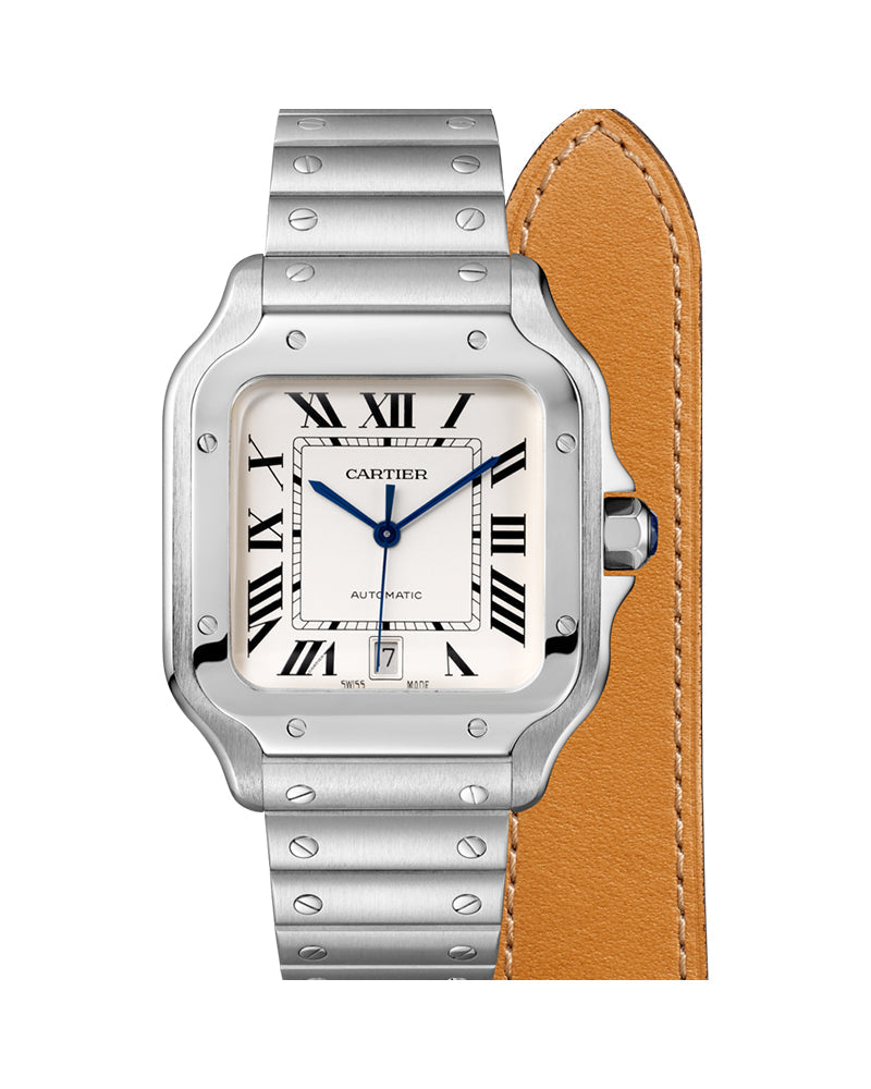 CARTIER SANTOS DE CARTIER, LARGE, AUTOMATIC, STEEL, INTERCHANGEABLE METAL AND LEATHER BRACELETS