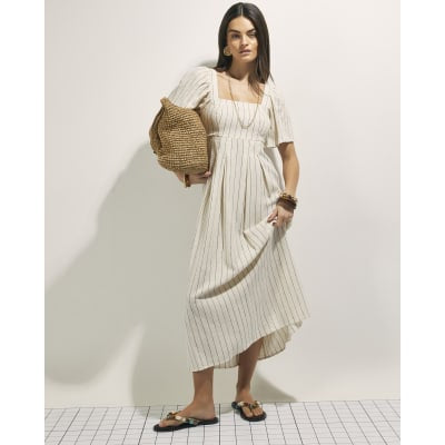 Beige Stripe Linen Blend Shirred Midi Dress