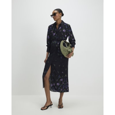 Black Floral Midi Shirt Dress