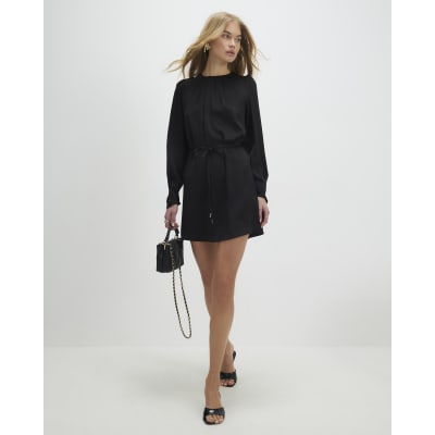 Black Pleated Neck Mini Shift Dress