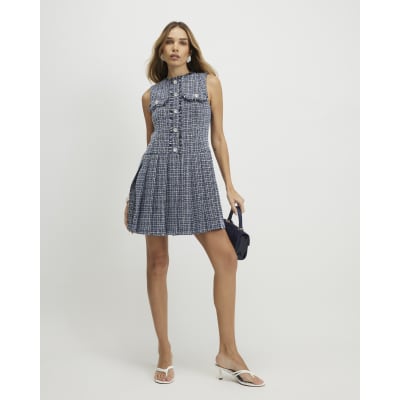 Blue Sleeveless Boucle Pleated Hem Mini Dress