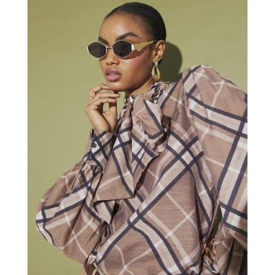 Brown Check Print Pussybow Blouse