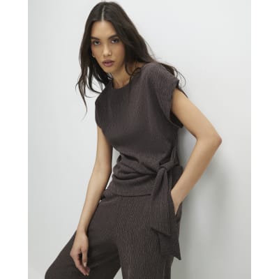 Brown Short Sleeve Textured Twist Front Top