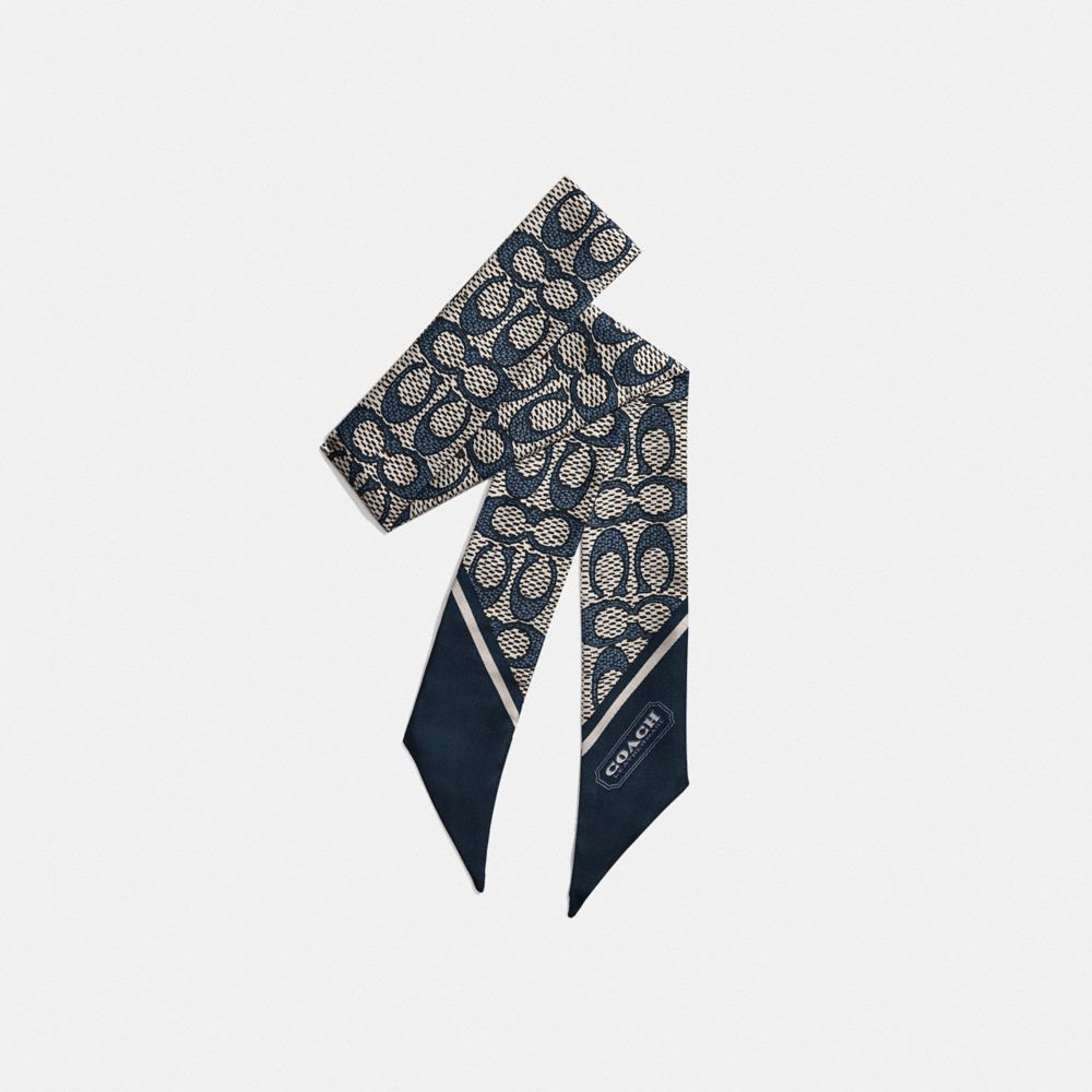 Coach Textured Signature Print Silk Skinny Scarf Midnight Navy