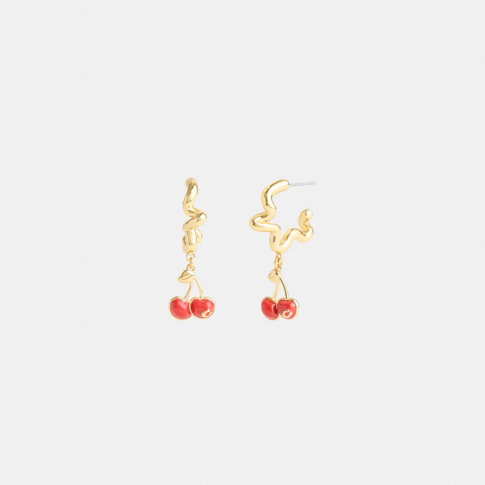 Coach Cherry Wavy Huggie Earrings Gold Red