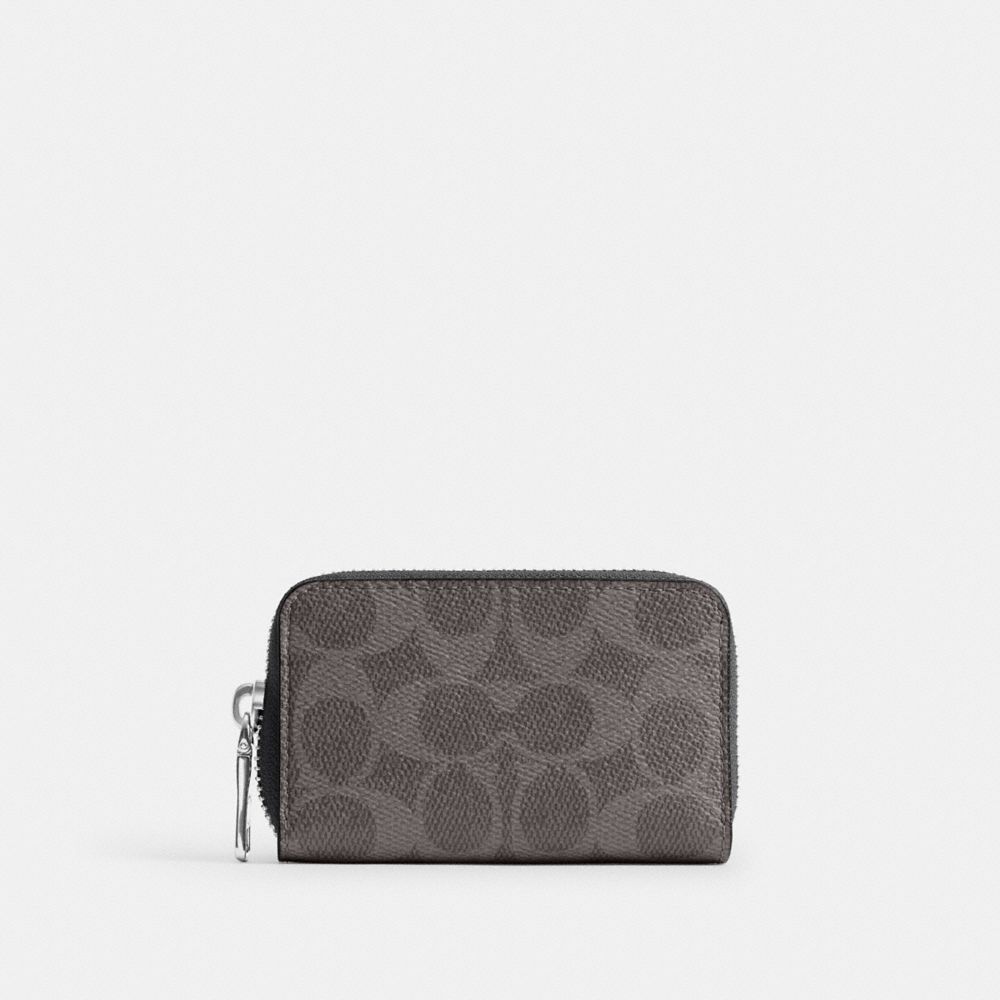 Coach Small Zip Around Card Case In Signature Canvas Grey Signature