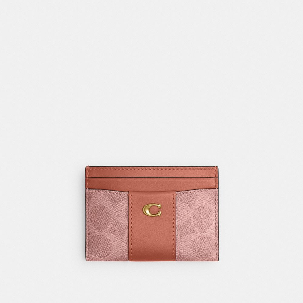 Coach Essential Card Case In Signature Canvas Brass Melon Pink