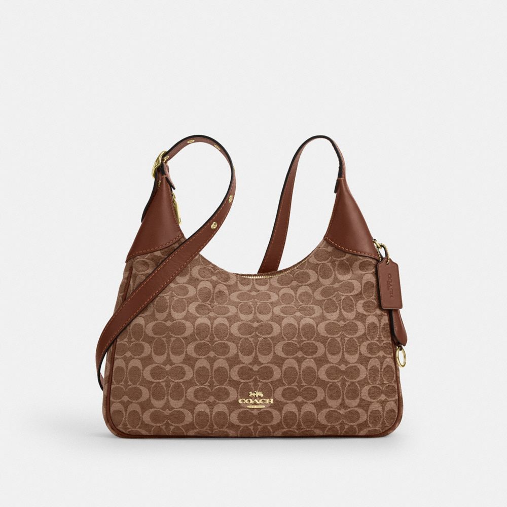 Coach Ella Shoulder Bag In Signature Chenille Gold Light Khaki Vintage Brown
