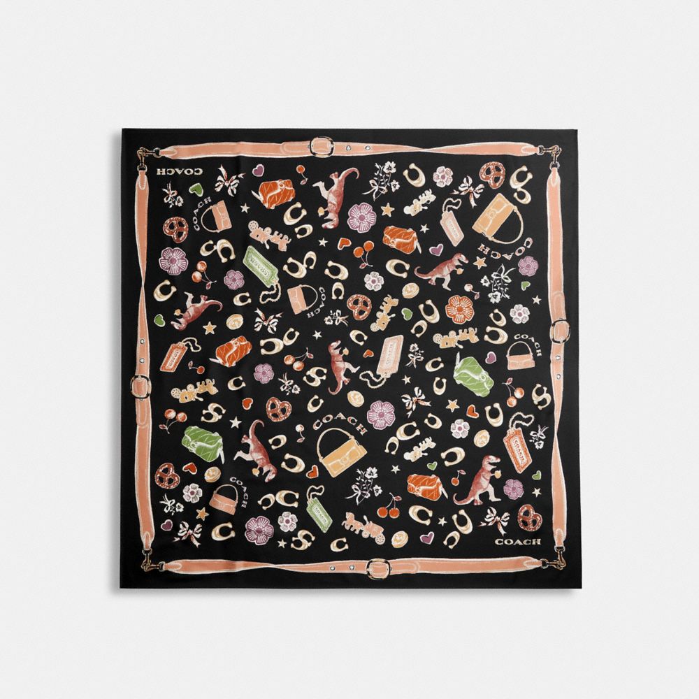 Coach Iconic Motifs Print Silk Square Scarf Black