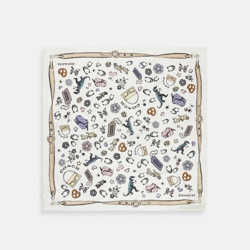 Coach Iconic Motifs Print Silk Square Scarf White