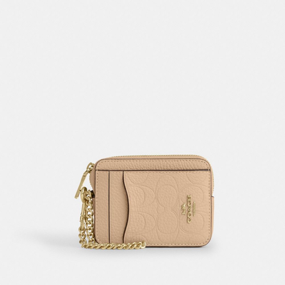 Coach Zip Card Case In Signature Leather Gold Oat